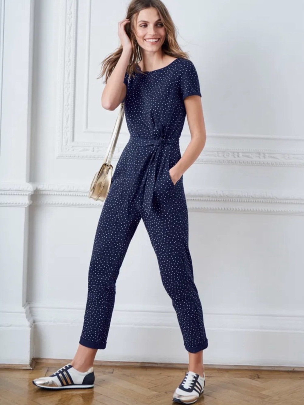 boden caitlin navy polka dot jersey jumpsuit 8P